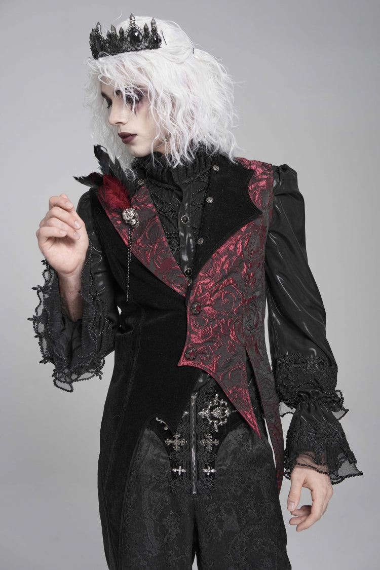 Black Long Sleeves Rose Print Irregular Contrast Color Gothic Vest With Detachable Feather Accessory