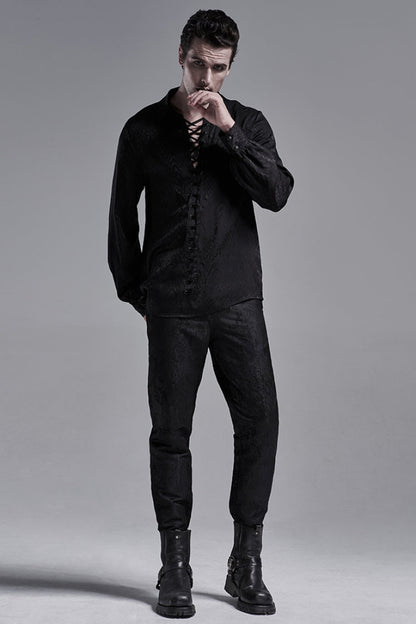 Jacquard Long Sleeve Front Metal Eyelets Lace Up Metal Carving Buckle Cuff Gothic Shirt 3 Colors