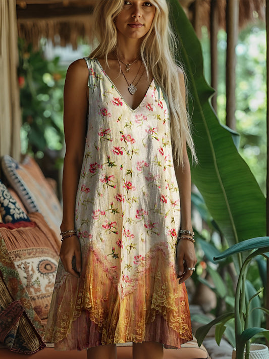 Floral Lace Splicing Rustic Style Women's Linen Vest Dress elevenforest