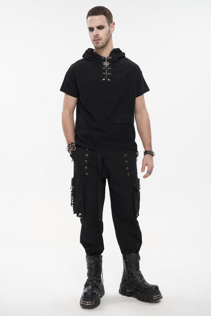 Black Hooded Mesh Splice Zipper Back Openwork Lace-up Short Sleeve Punk T-shirt