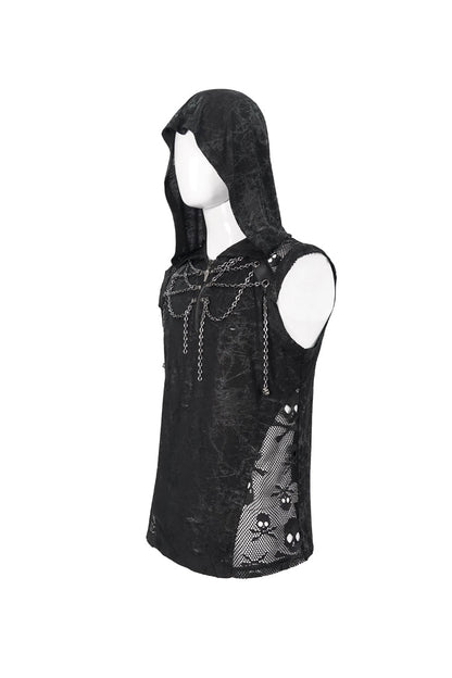 Black Skull Hollowed Out Print Stitched Sleeveless Chain Hoodie Punk Shirt