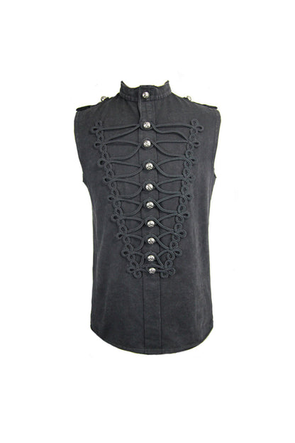 Black Military Uniform Style Chest Chinese Frog Button Sleeveless Punk T-shirt