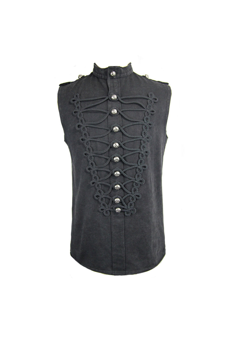 Black Military Uniform Style Chest Chinese Frog Button Sleeveless Punk T-shirt