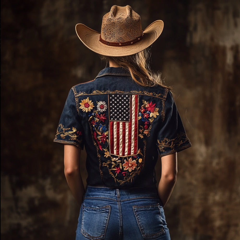 Independence Day Flower Embroidery Lapel Short-sleeved Shirt elevenforest