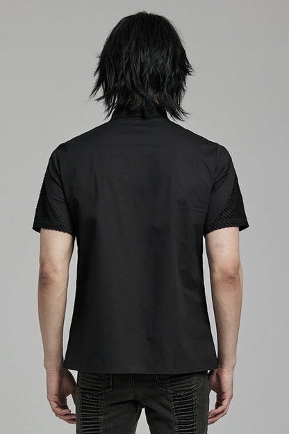 Black Lapel Collar Short Sleeves Mesh Stitching Punk Blouse