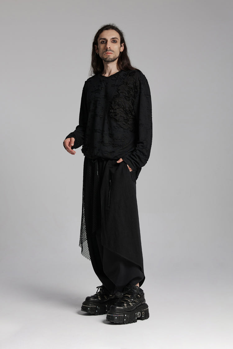 Black Round Collar Long Sleeves Ripped Mesh Punk T-shirt