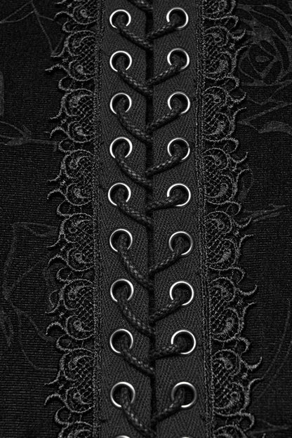 Black Stand Collar Long Sleeves Rose Embossed Lace-up Zippered Gothic Top