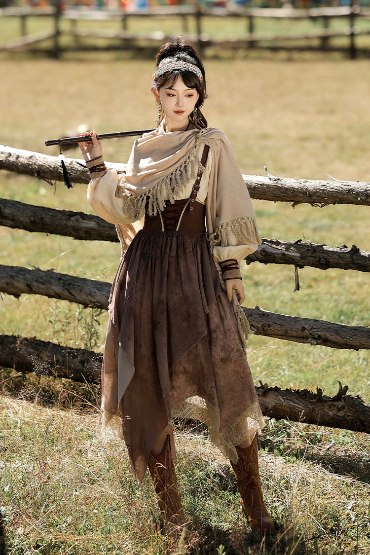 Brown [sunset Yellow Sand] Print Irregular Asymmetric Classic Lolita Dress Set
