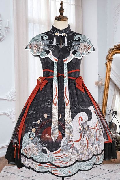 Black Chinese Style Chang'e Flying to the Moon Print Ruffled Classic Lolita Op Dress