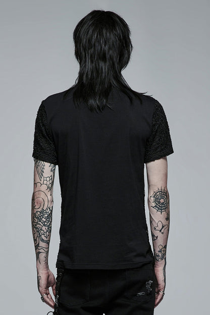 Black Short Sleeves Buckle Stitching Mesh Steampunk T-shirt