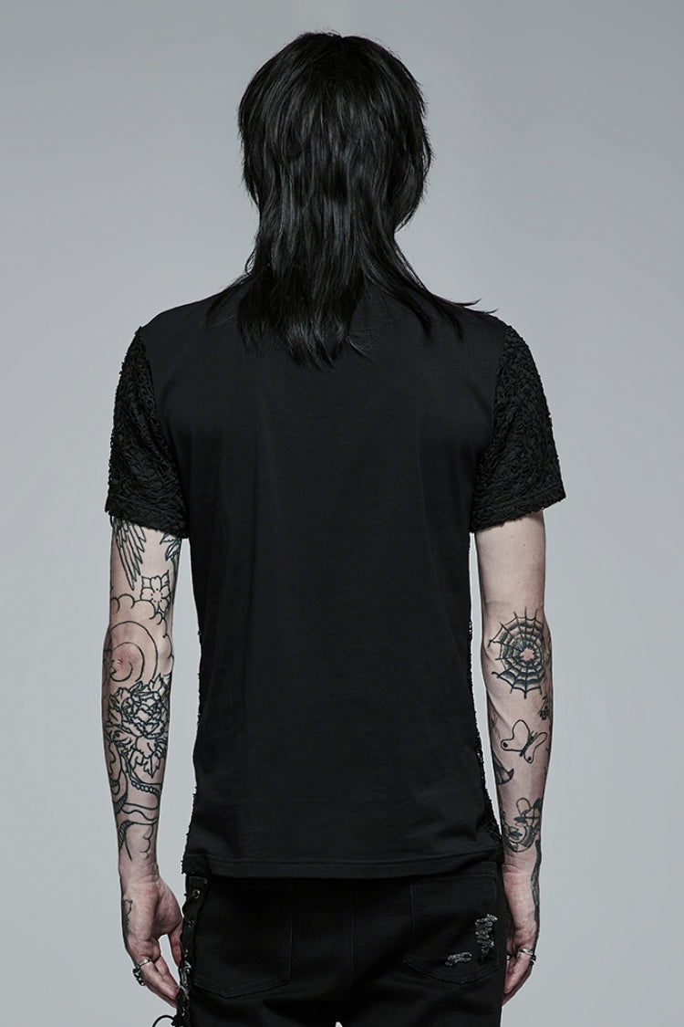 Black Short Sleeves Buckle Stitching Mesh Steampunk T-shirt