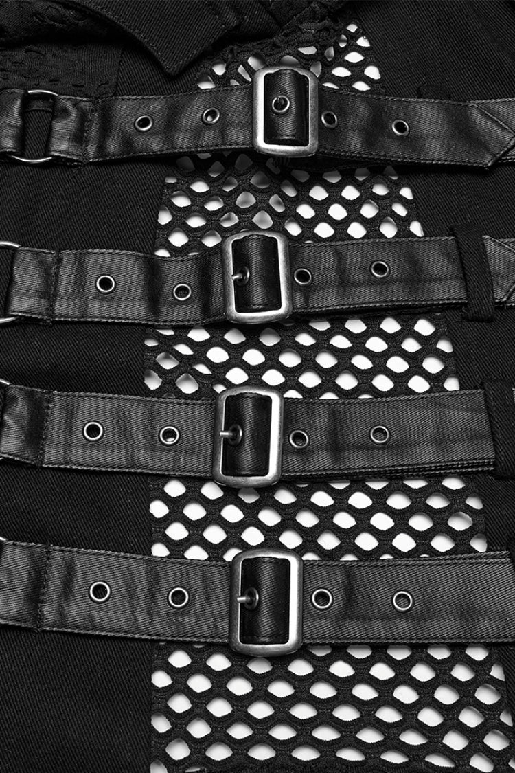Black Stitching Mesh Rivet Buckle Punk Vest