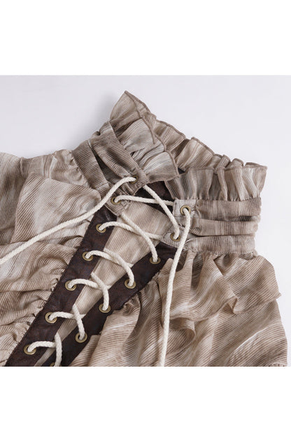 Brown Ruffle Stand Collar Print Lace-up Gothic Blouse