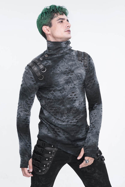 Grey/black Lrregular Ripped Stand Collar Punk Shirt