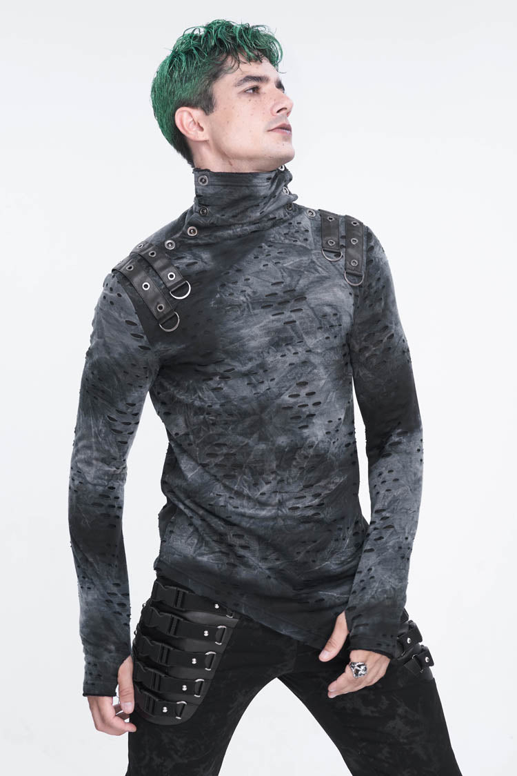 Grey/black Lrregular Ripped Stand Collar Punk Shirt