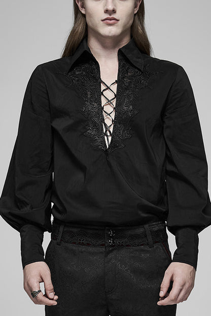 Black V Collar Long Puff Sleeves Hollow Lace-up Gothic Blouse