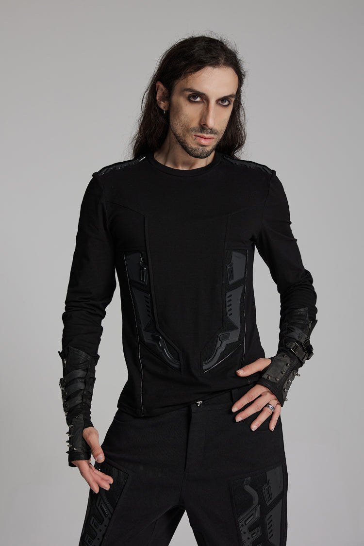 Black Round Collar Long Sleeves 3d Amor Patch Print Punk T-shirt