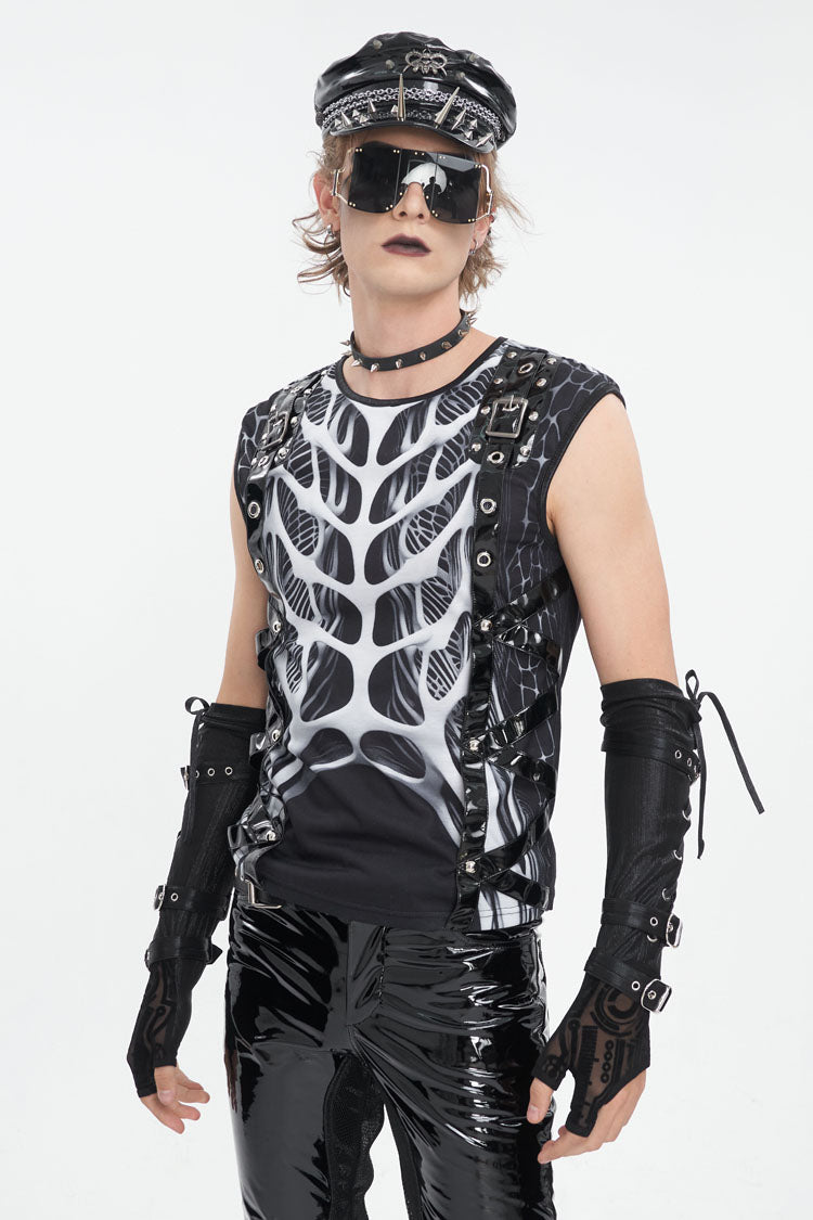 Black/white Round Collar Print Hollow Punk Vest