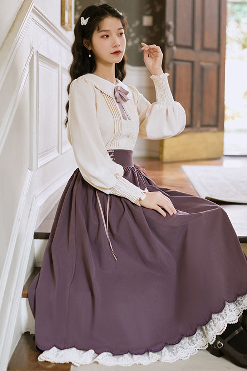 Color High Waisted Lace Wave Hem Two Pieces Classic Lolita Dress
