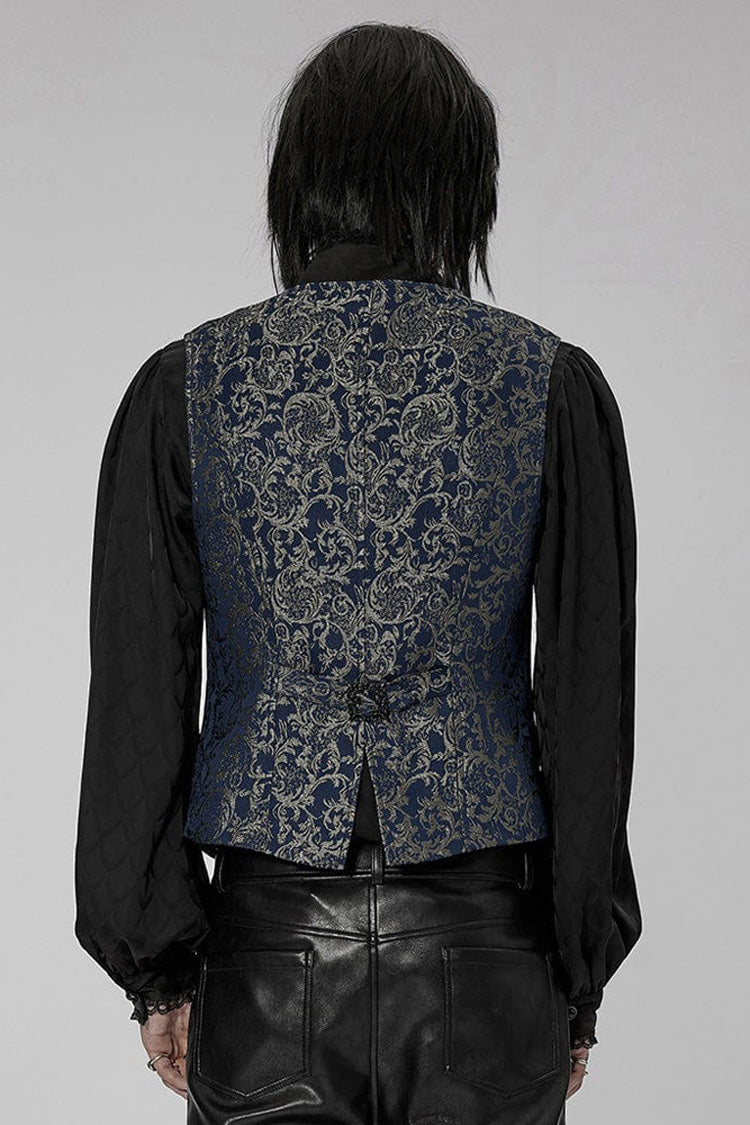 Blue Punk V Neck Asymmetrical Relief Sculpture Jacquard Double Row Hand Seam Button Vest