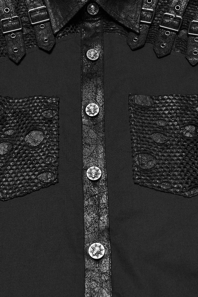 Black Lapel Collar Long Sleeves Stitching Buckle Straps Punk Blouse