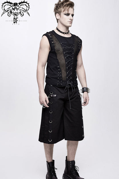 Black Chest Lace Up Splice Coarse Grain Punk Vest