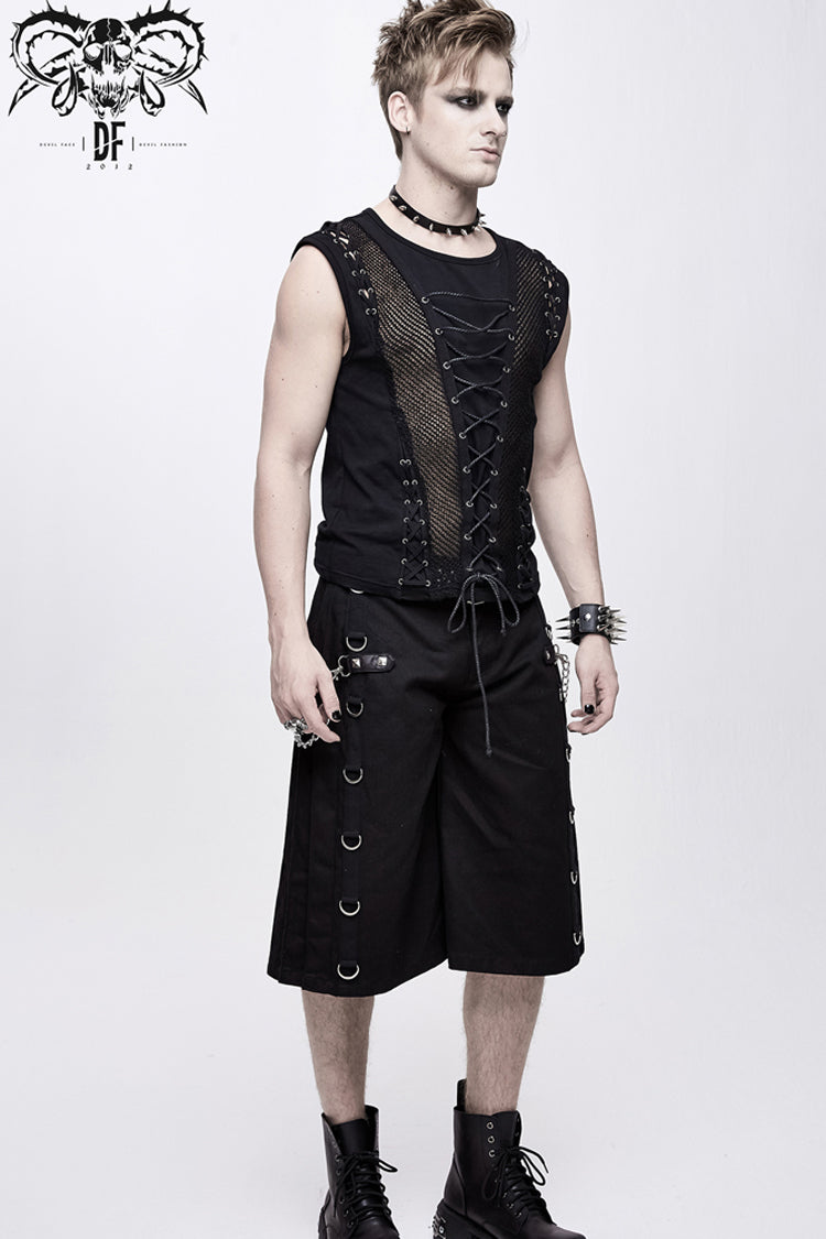 Black Chest Lace Up Splice Coarse Grain Punk Vest