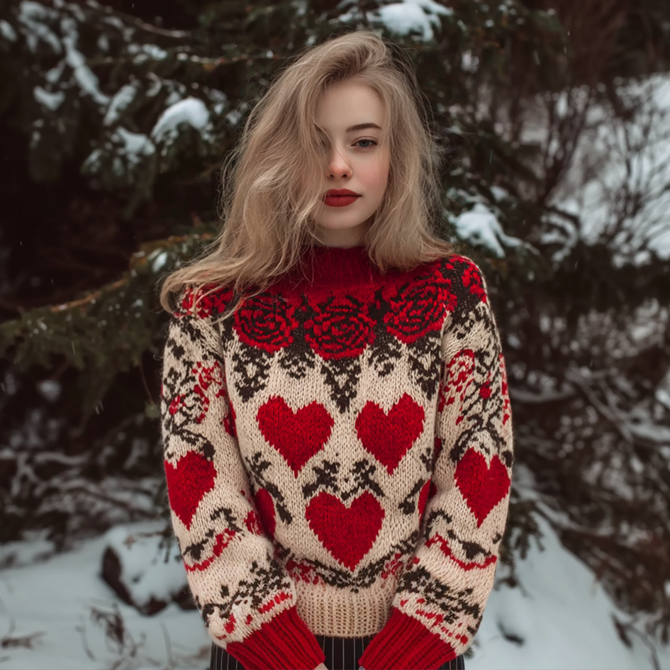 Retro Valentine's Day Love Heart Rose Women's High Neck Sweater elevenforest