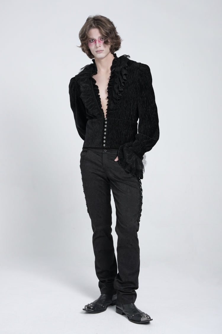 Black V Collar Long Sleeves Ruffle Stitching Lace Gothic Blouse