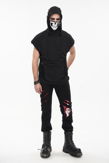 Black Skull Print Super High Neck Masked Rivet Hole Hooded Short Sleeve Punk T-shirt