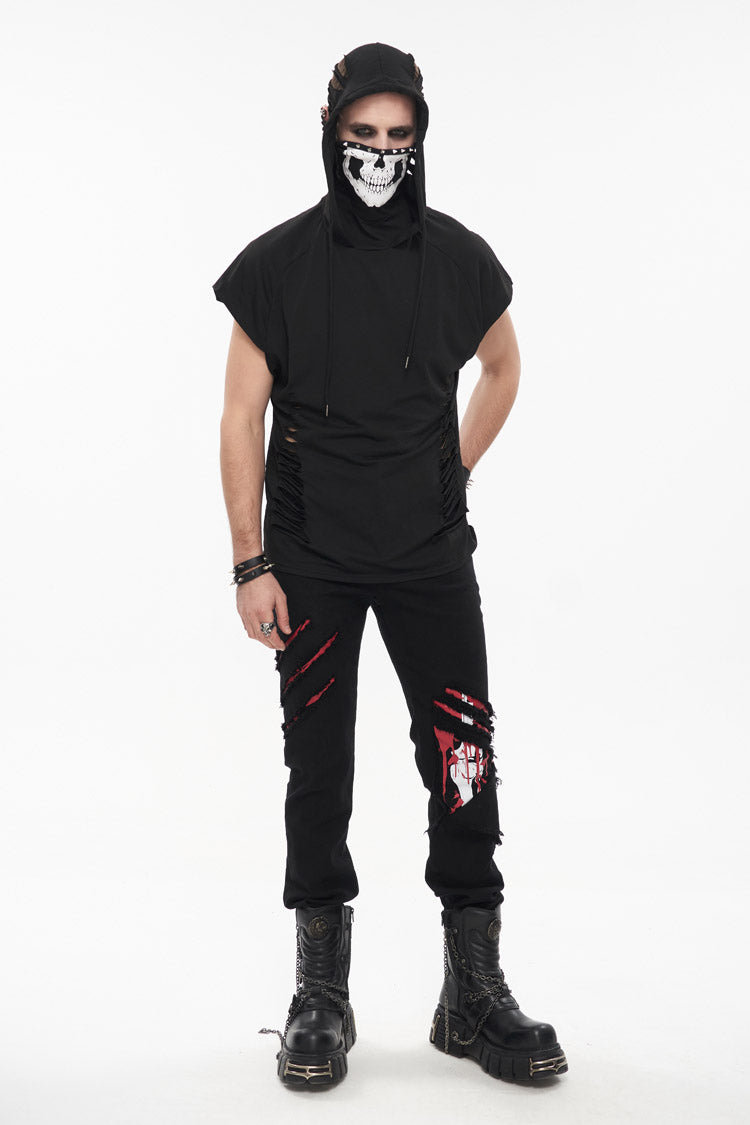 Black Skull Print Super High Neck Masked Rivet Hole Hooded Short Sleeve Punk T-shirt