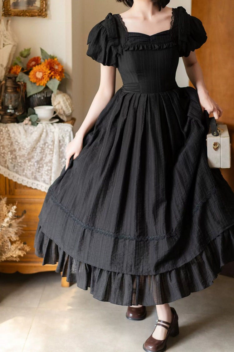 Black [forest Gallery] Square Collar Short Sleeves Ruffled Bow Classic Lolita Dress