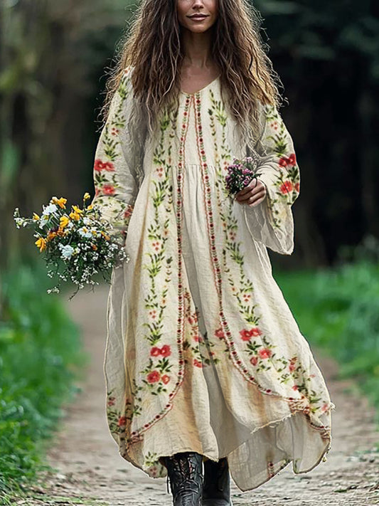Vintage Boho Floral Flowy Linen Blend Maxi Dress elevenforest