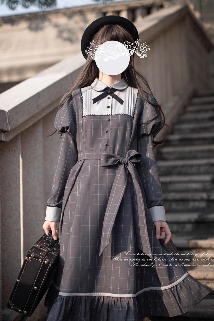 Grey Plaid Print Ruffle Bowknot Classic College Style Lolita Dress