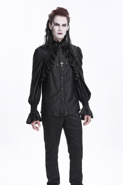 Black Stand Collar Long Sleeves Ruffle Lace Cross Gothic Blouse