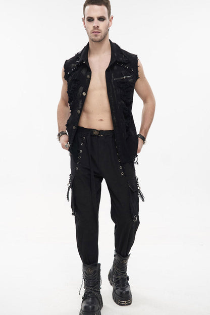 Black Punk Standing Collar Irregular Hand-painted Sleeveless Metal Decoration Tattered Shirt