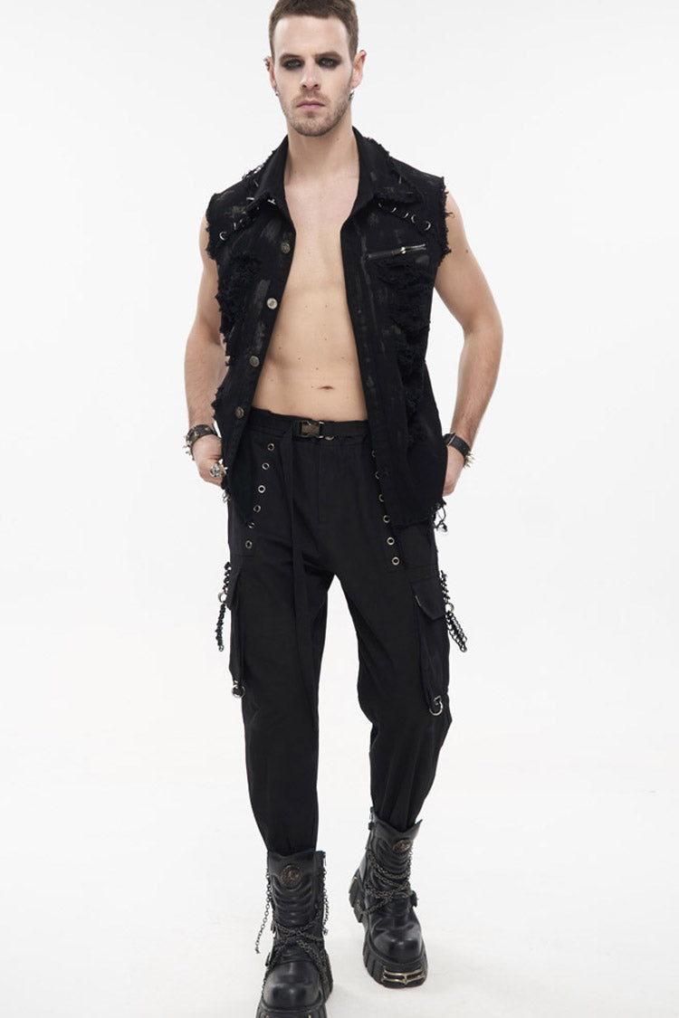 Black Punk Standing Collar Irregular Hand-painted Sleeveless Metal Decoration Tattered Shirt