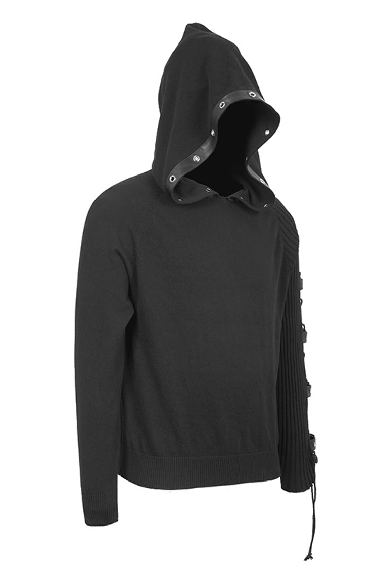 Black Asymmetrical Sleeves Leather Loop Lace-up Hooded Punk Sweater
