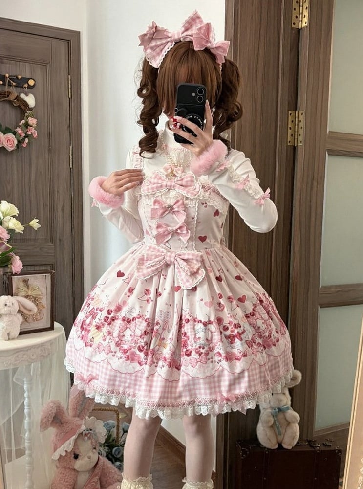 [pre-order Deadline: May 5] Pink Cherry Print Lace Ribbon Bunny Ear Apron Jsk Dress + Accessories