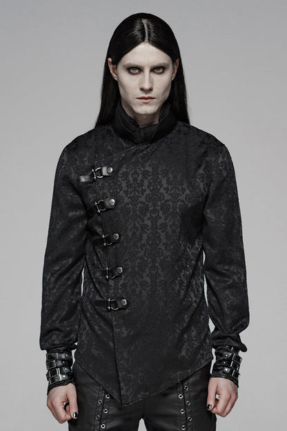 Black Stand Collar Long Sleeves Print Buckle Punk Blouse