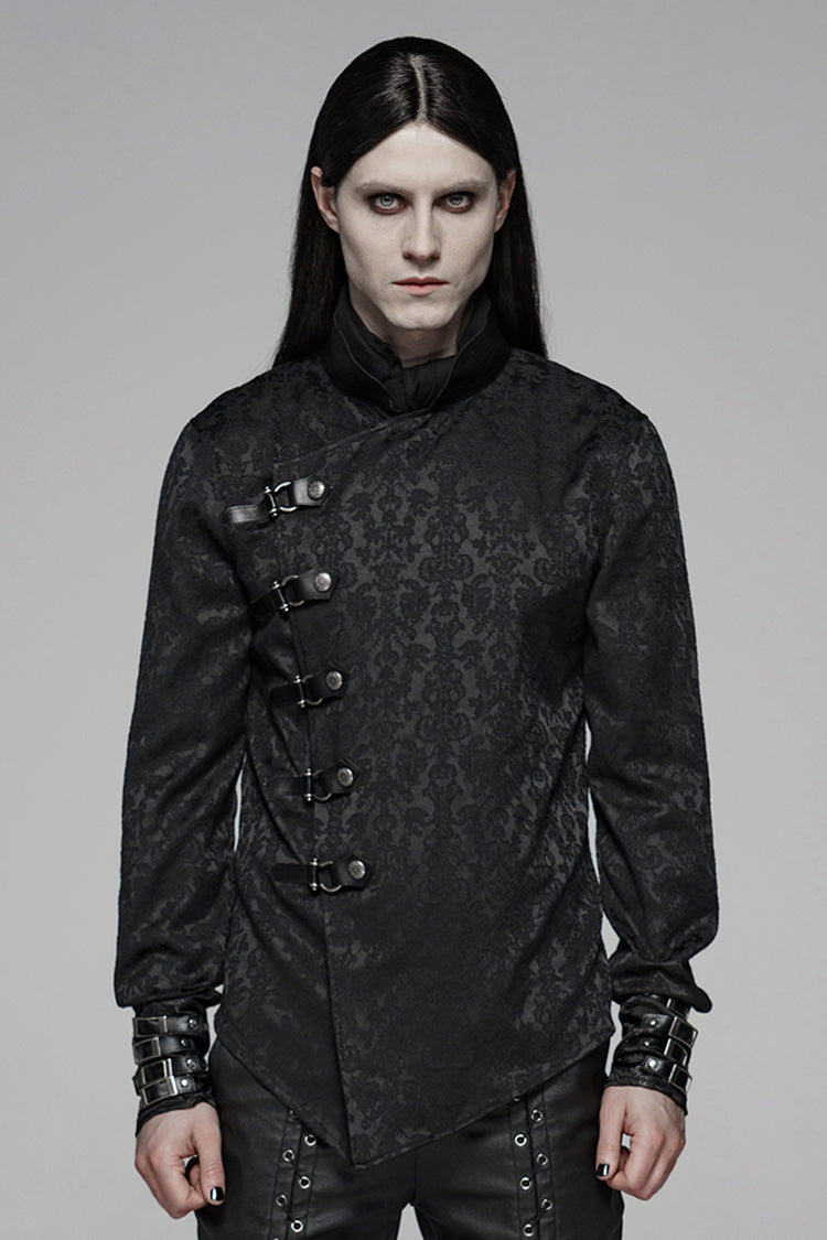 Black Stand Collar Long Sleeves Print Buckle Punk Blouse