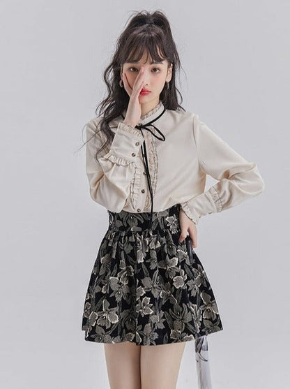 Lace Ruffle Bow Blouse + Jacquard Skirt