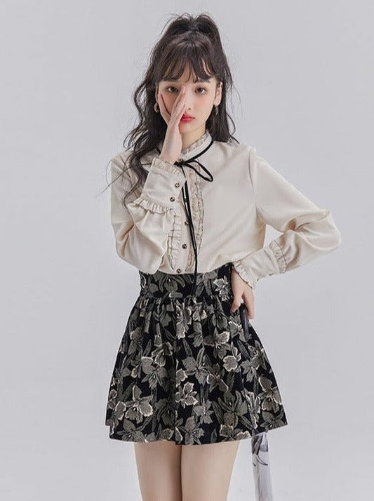 Lace Ruffle Bow Blouse + Jacquard Skirt