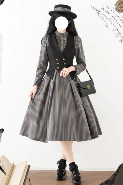 [forest Castle] Stand Collar Long Sleeves Striped Printed Ruffled Classic Lolita Dress 3 Colors