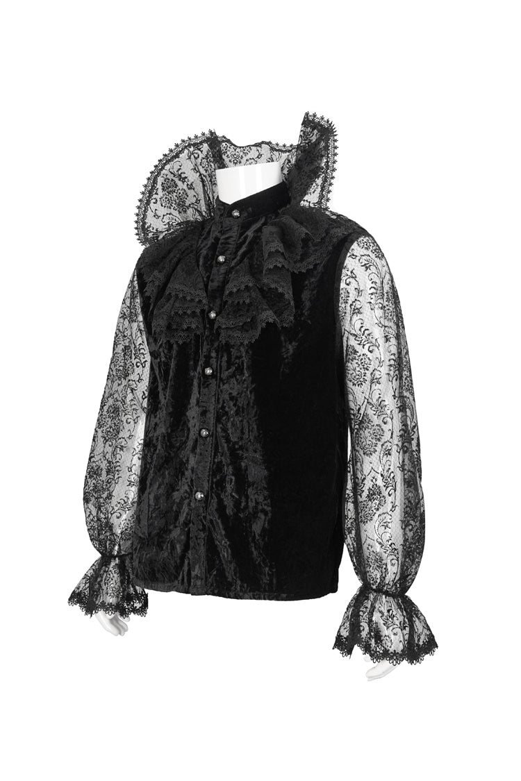 Black Lotus Leaf Stand Collar Semitransparent Lace Long Sleeved Gothic Shirt