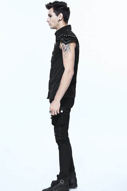 Black Sleeveless Twill One-shoulder Armor Heat Seal Punk Shirt