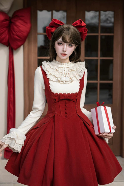 Red [letters and Poems · Velvet Rose] Sleeveless Embroidered Bow Fishbone Classic Lolita Bandeau Dress 2 Versions