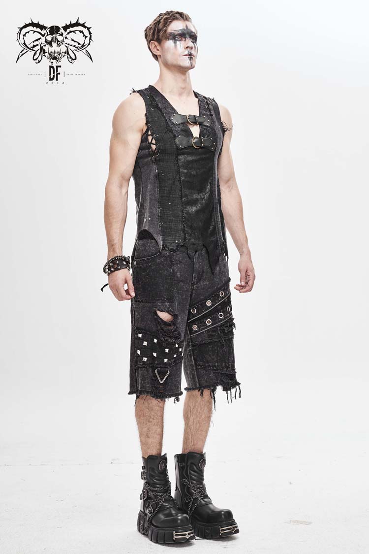 Black V-neck Sleeveless Ripped Buckle Straps Gothic Vest