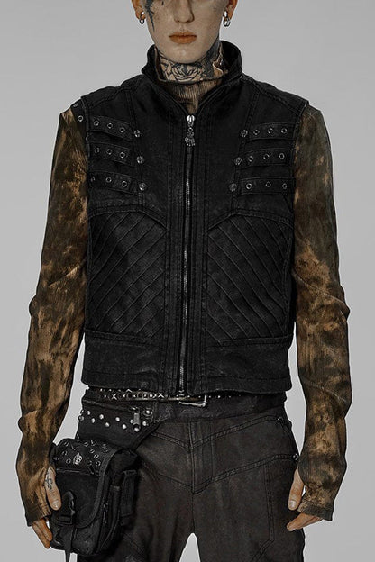 Twill Metal Skeleton Claw Zip Stand Collar Sleeveless Steampunk Vest 2 Colors