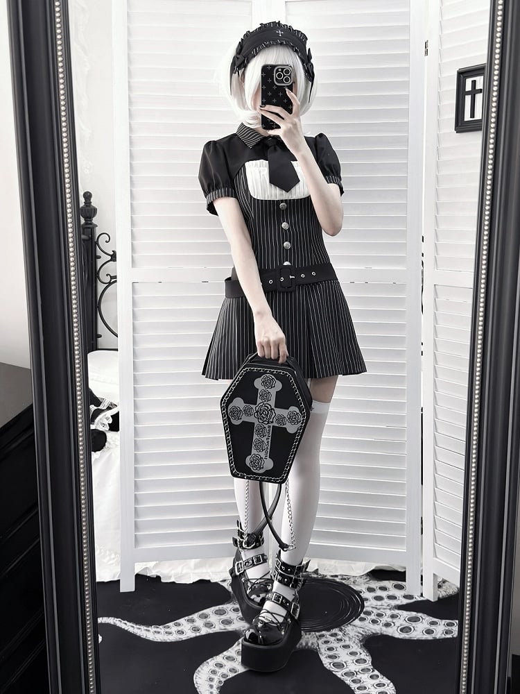 [pre-order Deadline: April 28] Black Pinstripe Tie Collar Short Jacket Dress Full Set + Jewel Casquette